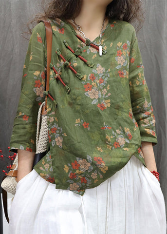 Green New Chinese Bracelet Print Button Linen Blouses Sleeve FashionChic