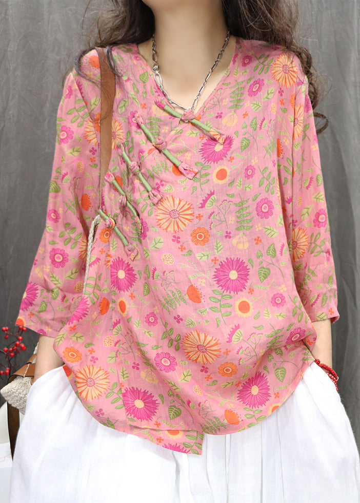 Green New Chinese Bracelet Print Button Linen Blouses Sleeve FashionChic