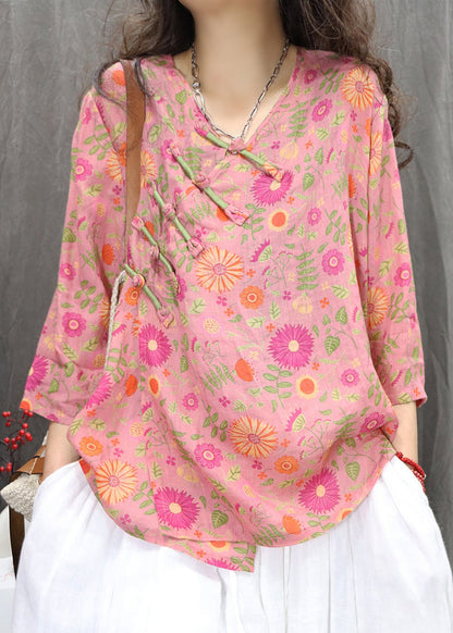 Green New Chinese Bracelet Print Button Linen Blouses Sleeve FashionChic