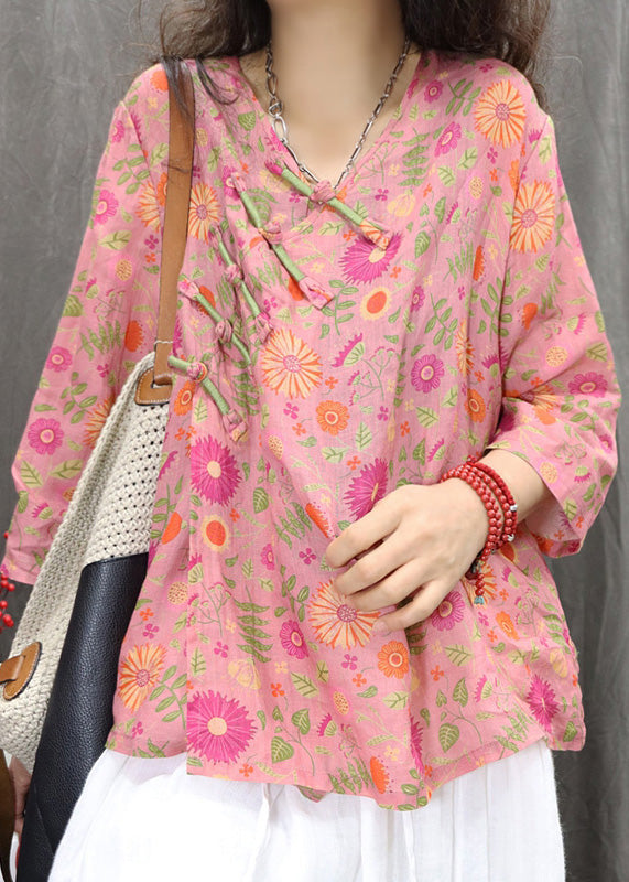 Green New Chinese Bracelet Print Button Linen Blouses Sleeve FashionChic