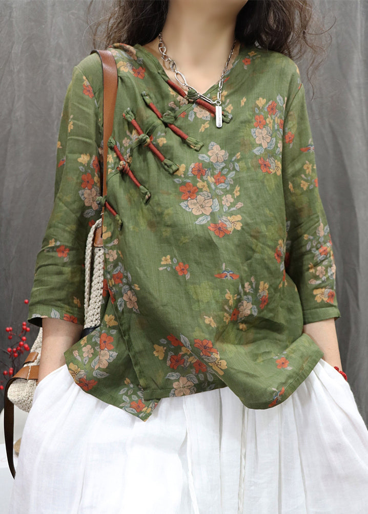 Green New Chinese Bracelet Print Button Linen Blouses Sleeve FashionChic