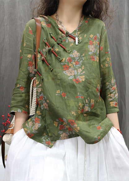 Green New Chinese Bracelet Print Button Linen Blouses Sleeve FashionChic