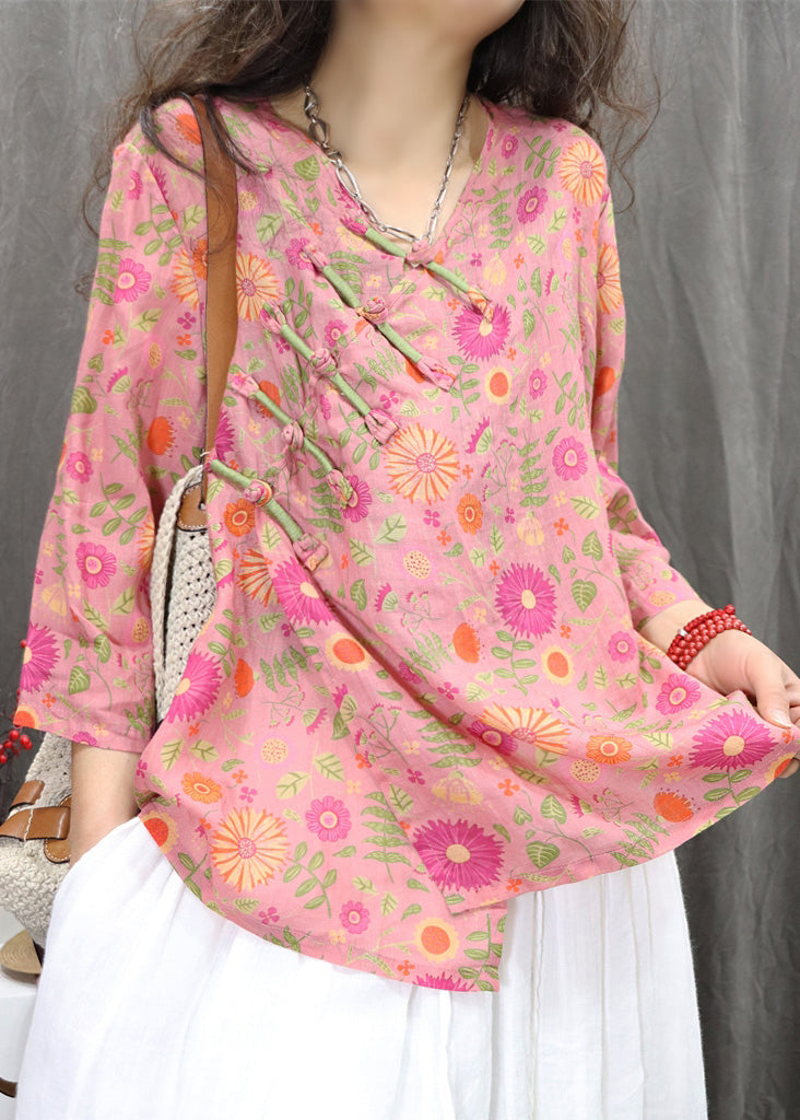 Green New Chinese Bracelet Print Button Linen Blouses Sleeve FashionChic