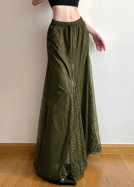 New Green Elastic Waist Lace Patchwork Maxi Skirts Summer PP006 OM-NZ240827