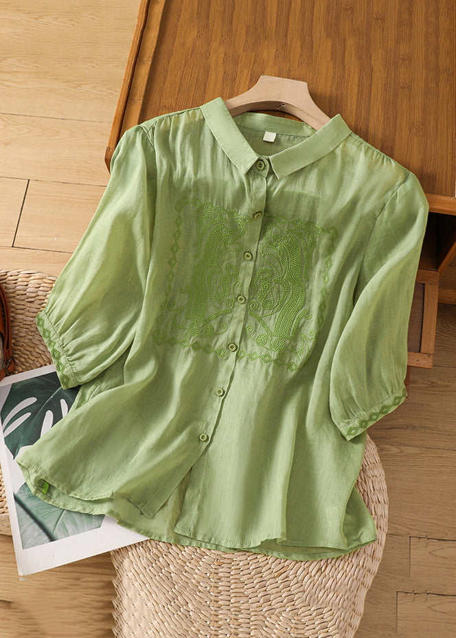 New Green Embroidered Button Linen Blouse Half Sleeve GG030 MZF-HTP240610