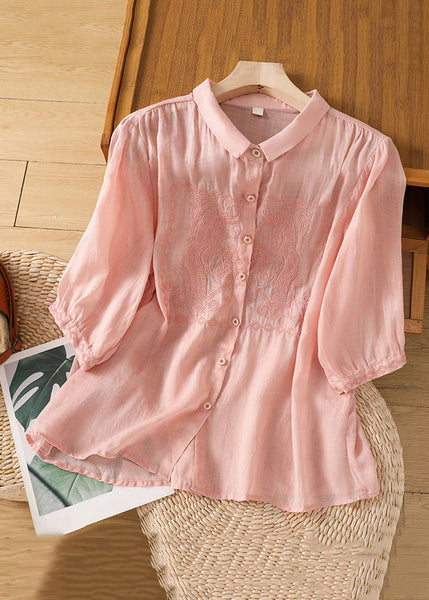 New Green Embroidered Button Linen Blouse Half Sleeve GG030 MZF-HTP240610