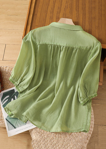 New Green Embroidered Button Linen Blouse Half Sleeve GG030 MZF-HTP240610