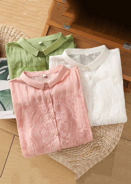 New Green Embroidered Button Linen Blouse Half Sleeve GG030 MZF-HTP240610