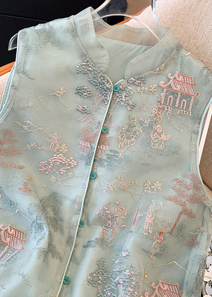 New Green Embroidered Button Tulle Waistcoat Sleeveless JH061 MMDM-VTP240717