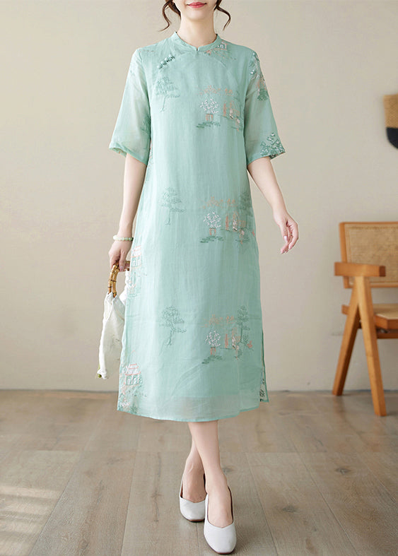 New Green Embroidered Side Open Cotton Dresses Half Sleeve JH040 MMDM-SDL240717