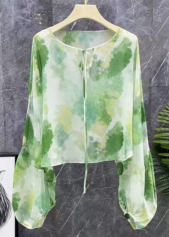 New Green Lace Up Print Chiffon Shirts Long Sleeve XX042 SH-LF-LTP240611