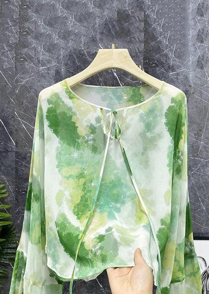 New Green Lace Up Print Chiffon Shirts Long Sleeve XX042 SH-LF-LTP240611