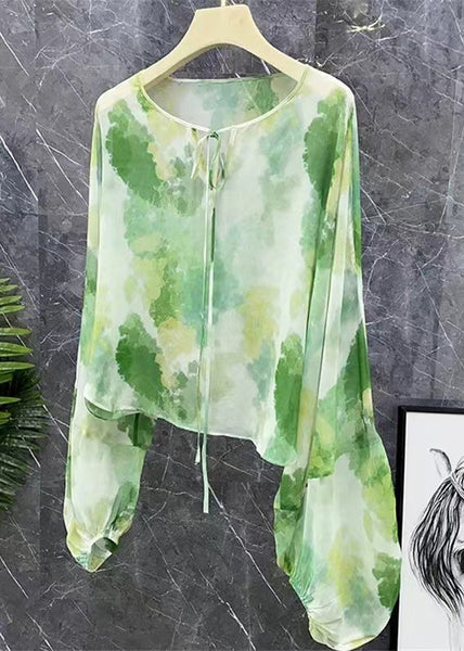 New Green Lace Up Print Chiffon Shirts Long Sleeve XX042 SH-LF-LTP240611