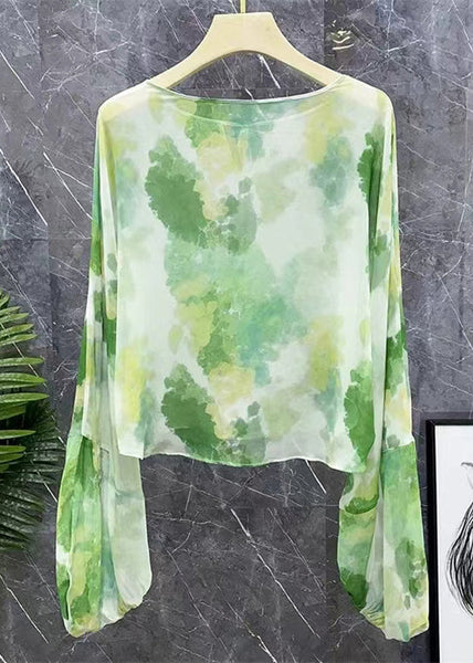 New Green Lace Up Print Chiffon Shirts Long Sleeve XX042 SH-LF-LTP240611