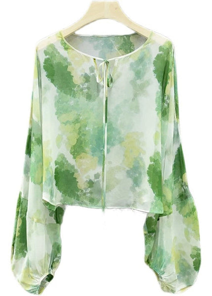New Green Lace Up Print Chiffon Shirts Long Sleeve XX042 SH-LF-LTP240611