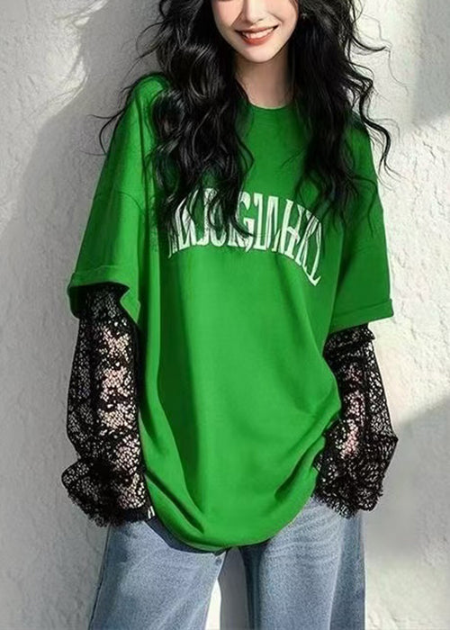 Letter Fall Lace Two New False T Green Patchwork Pieces Shirts FashionChic