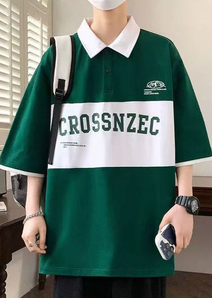 Sleeve New Green Cotton Letter Polo Half Shirt Men Patchwork FashionChic