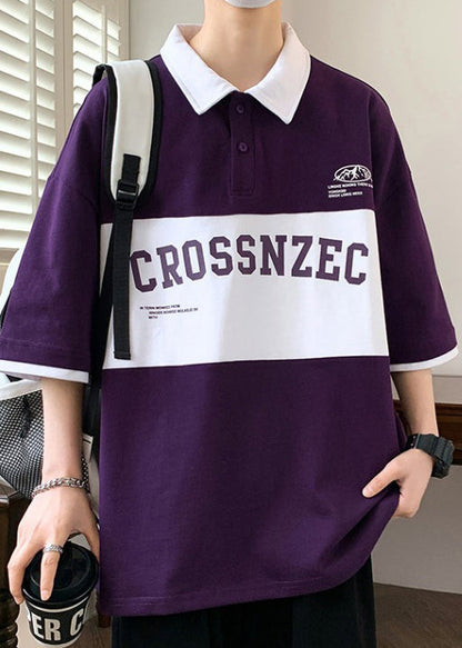 Sleeve New Green Cotton Letter Polo Half Shirt Men Patchwork FashionChic