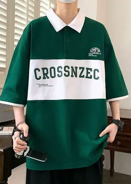 Sleeve New Green Cotton Letter Polo Half Shirt Men Patchwork FashionChic