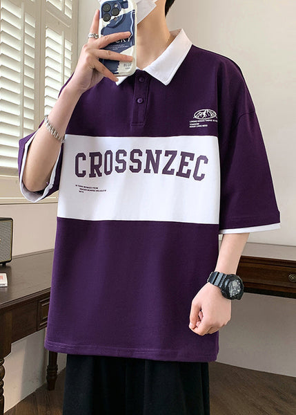 Sleeve New Green Cotton Letter Polo Half Shirt Men Patchwork FashionChic