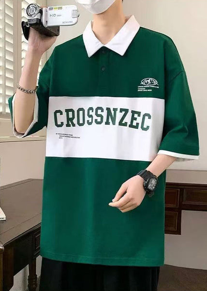 Sleeve New Green Cotton Letter Polo Half Shirt Men Patchwork FashionChic