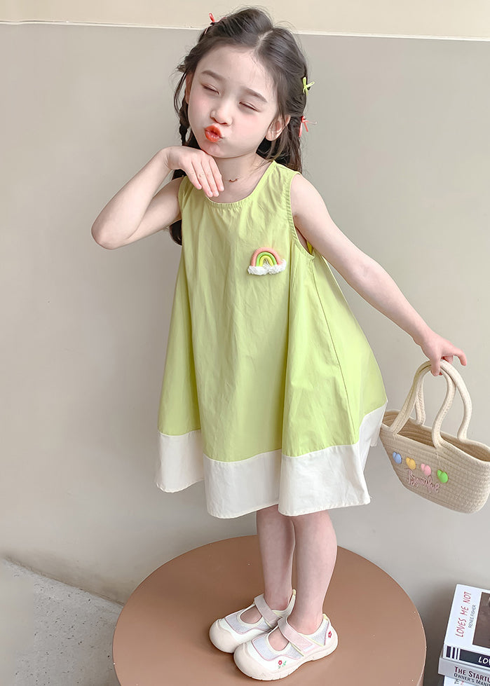 New Green O Neck Patchwork Cotton Girls Dress Sleeveless EW047 WS-RCTZSDGL240809