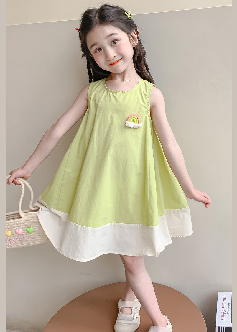 New Green O Neck Patchwork Cotton Girls Dress Sleeveless EW047 WS-RCTZSDGL240809