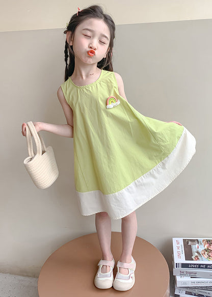 New Green O Neck Patchwork Cotton Girls Dress Sleeveless EW047 WS-RCTZSDGL240809