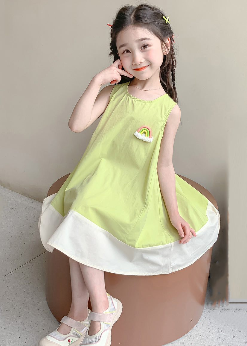 New Green O Neck Patchwork Cotton Girls Dress Sleeveless EW047 WS-RCTZSDGL240809