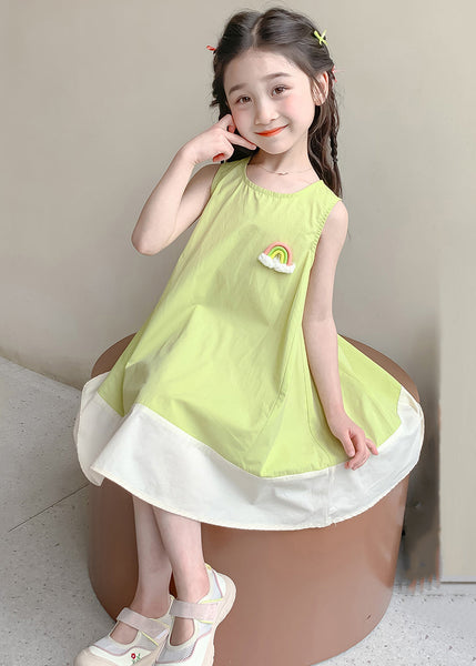 New Green O Neck Patchwork Cotton Girls Dress Sleeveless EW047 WS-RCTZSDGL240809