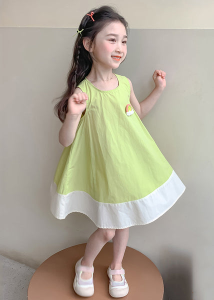 New Green O Neck Patchwork Cotton Girls Dress Sleeveless EW047 WS-RCTZSDGL240809