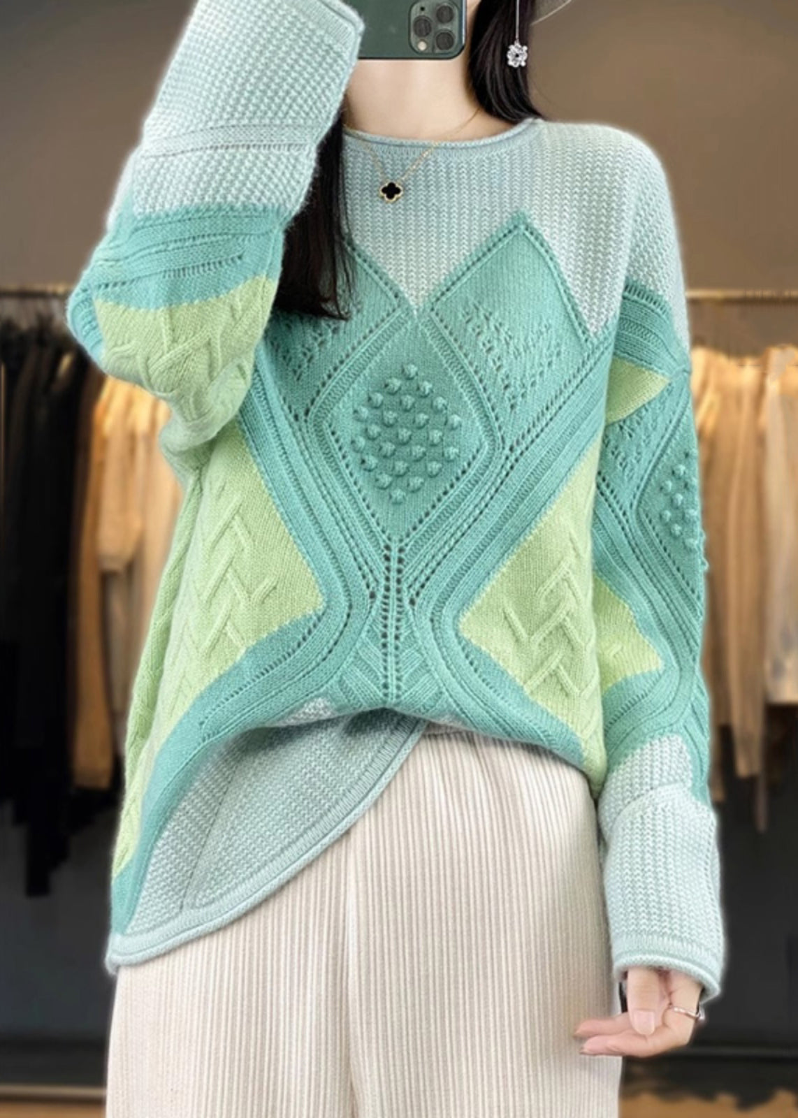 New Green O-Neck Patchwork Woolen Knit Sweater Spring YW044 ABC