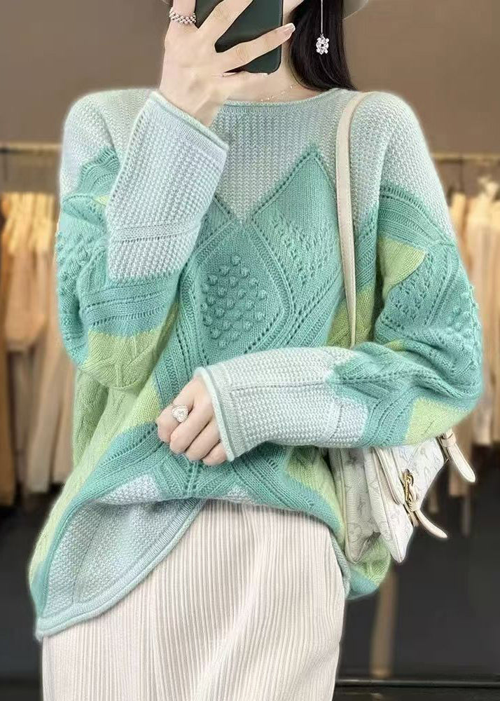 New Green O-Neck Patchwork Woolen Knit Sweater Spring YW044 ABC