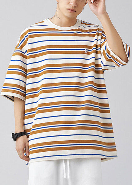 New Green O Neck Striped Cotton Men T Shirt Summer QH011 MENT241019