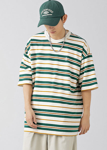 New Green O Neck Striped Cotton Men T Shirt Summer QH011 MENT241019