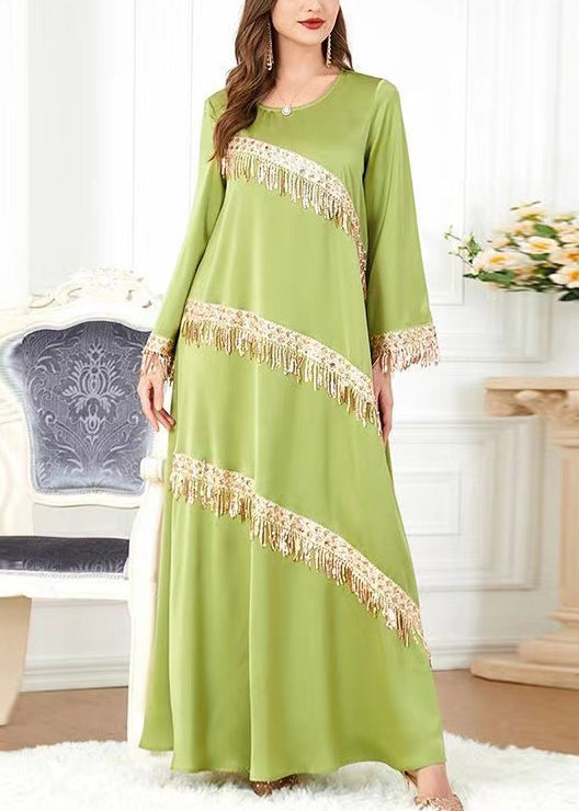 New Green O-Neck Tasseled Cotton Long Dress Spring AA1036 Ada Fashion