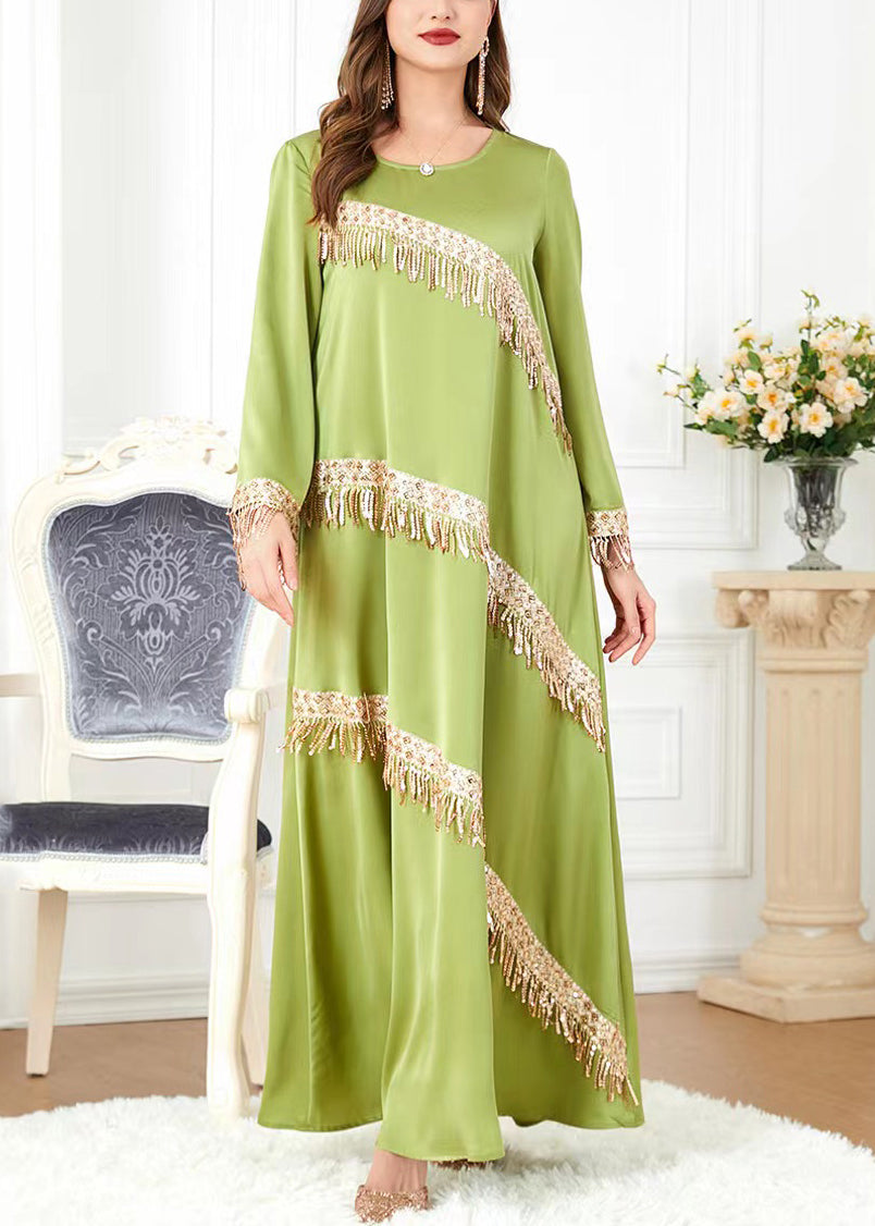 New Green O-Neck Tasseled Cotton Long Dress Spring AA1036 Ada Fashion