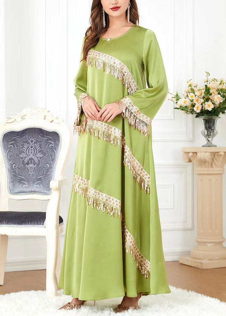 New Green O-Neck Tasseled Cotton Long Dress Spring AA1036 Ada Fashion