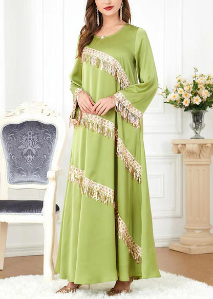 New Green O-Neck Tasseled Cotton Long Dress Spring AA1036 Ada Fashion