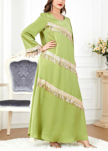 New Green O-Neck Tasseled Cotton Long Dress Spring AA1036 Ada Fashion