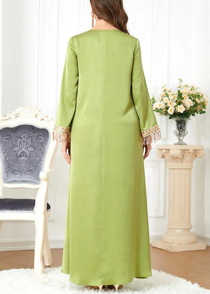 New Green O-Neck Tasseled Cotton Long Dress Spring AA1036 Ada Fashion