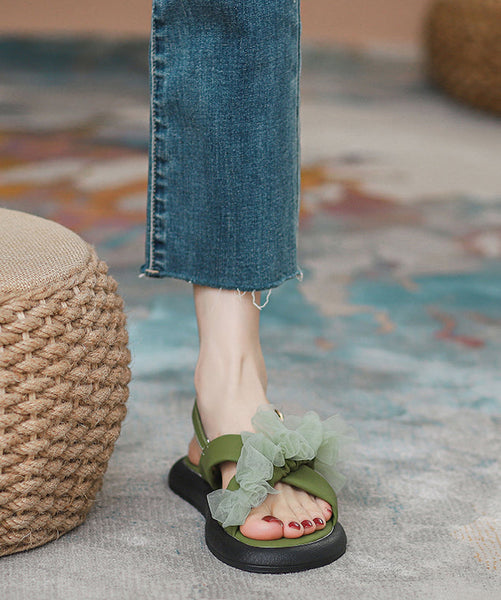 New Green Peep Toe Strap Tulle Splicing Genuine Leather Sandals RT1058 Ada Fashion