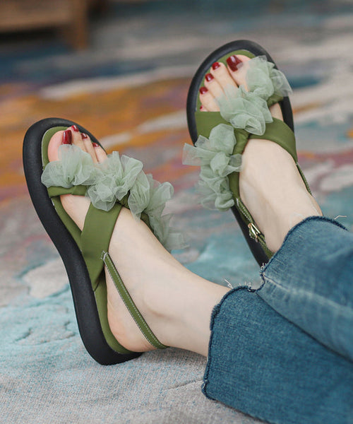 New Green Peep Toe Strap Tulle Splicing Genuine Leather Sandals RT1058 Ada Fashion
