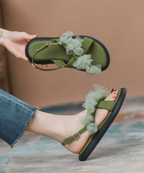 New Green Peep Toe Strap Tulle Splicing Genuine Leather Sandals RT1058 Ada Fashion