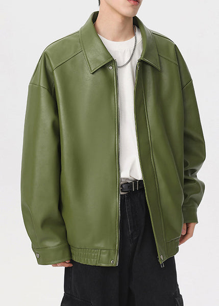 New Green Peter Pan Collar Zippered Faux Leather Men Coat Spring RN032 ABC