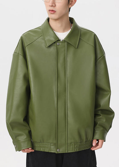 New Green Peter Pan Collar Zippered Faux Leather Men Coat Spring RN032 ABC