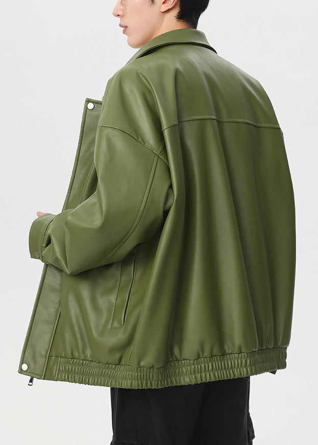 New Green Peter Pan Collar Zippered Faux Leather Men Coat Spring RN032 ABC