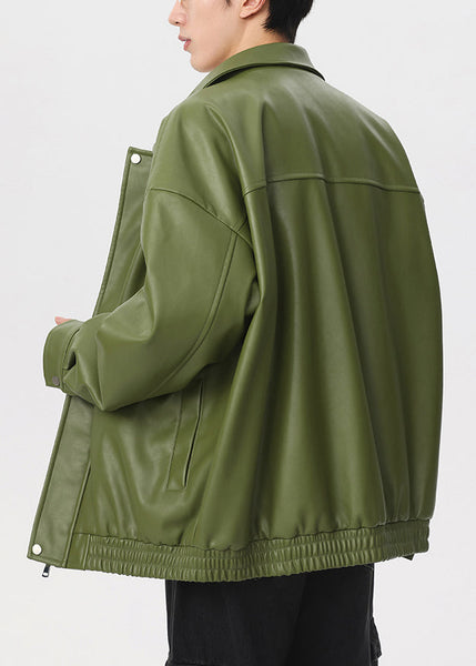 New Green Peter Pan Collar Zippered Faux Leather Men Coat Spring RN032 ABC