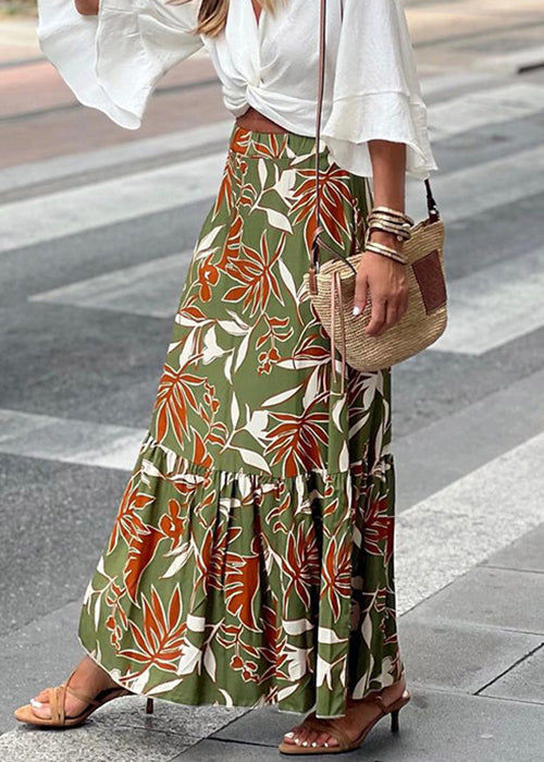 New Green Print Elastic Waist Cotton Maxi Skirts Summer BB050 Hawaii-SKTS240622