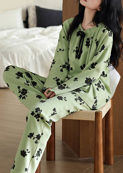 Waist Set Green Elastic Pieces New Fall Pajamas Print Two Cotton FashionChic